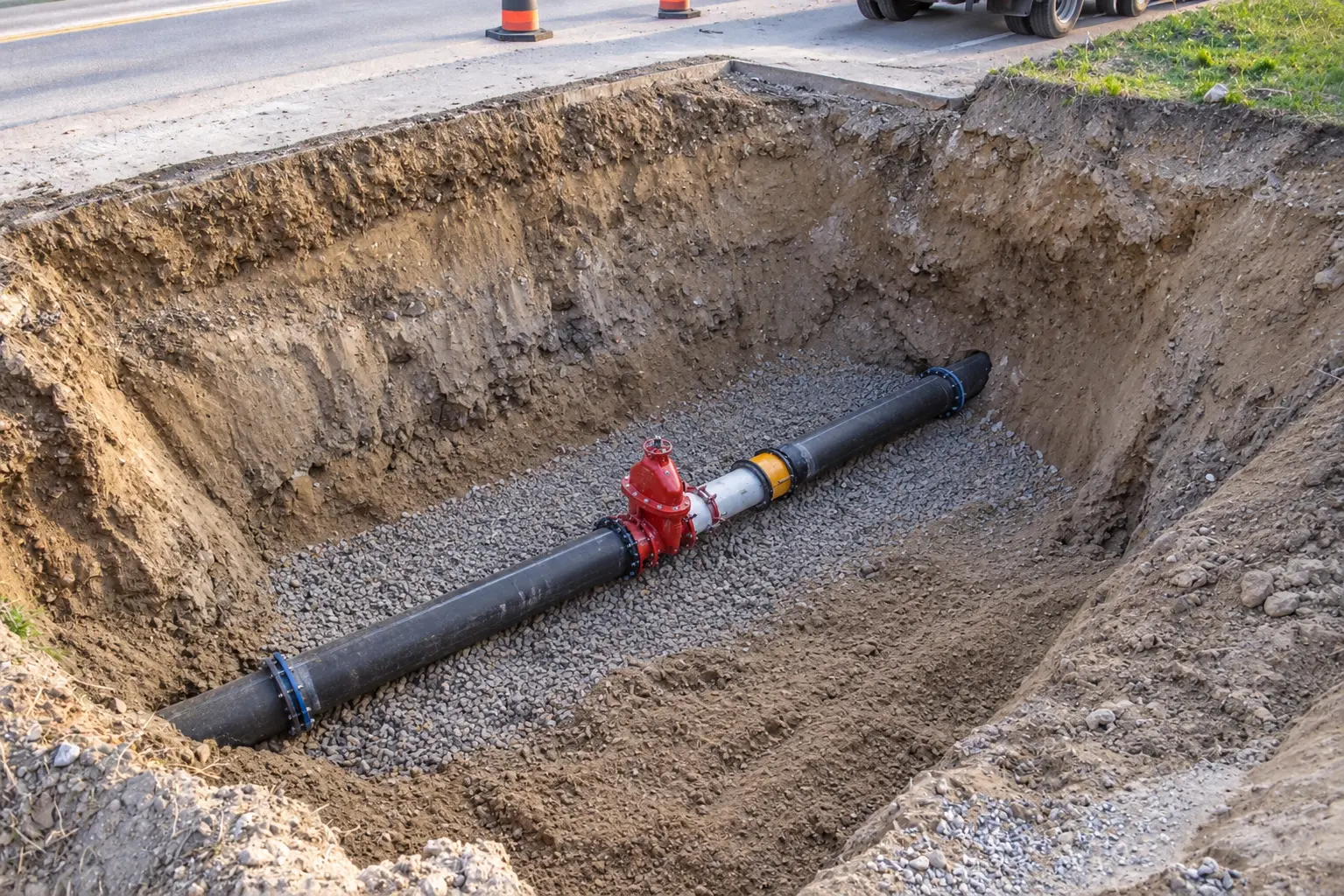Conduite d’aqueduc et vanne visibles dans une tranchée d’excavation en milieu municipal